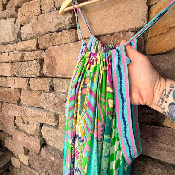 Hale Bob M Women Teal Green Geometric Floral Halter Romper Boho Summer Vacation - Picture 5 of 14